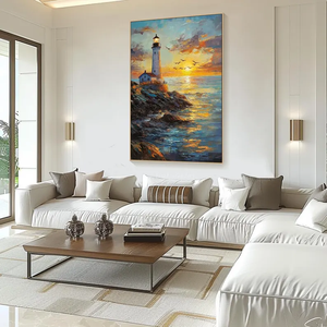 Pintado a mano puesta de sol pintura al óleo lienzo Costa paisaje marino playa faro escena decoración de pared - Product Image 3