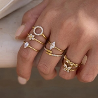 316L Edelstahl Stapelring-Set Goldton Kubisches Zirkonia Kristall Blumen Birnenform Bypass-Schmuck für Frauen Großhandel OEM