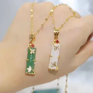 Hot sell fashion 18K Gold plated stainless steel chain Long bamboo shape natural jade Pendant necklace jewelry for women