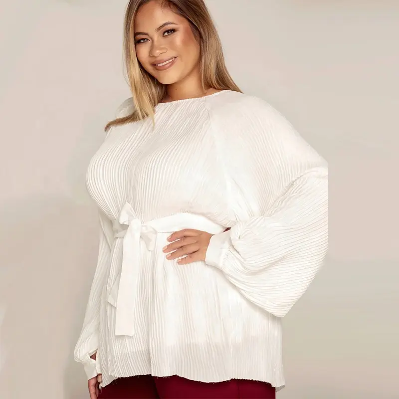 Casual white pleated balloon sleeve top elegant women plus size tunic tops muslim pleated chiffon blouse