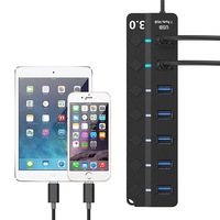 Hub USB 7-en-1 haute vitesse, répartiteur 7 ports 5 Gbit/s USB 2.0 avec adaptateur secteur et interrupteur LED, concentrateur multiport