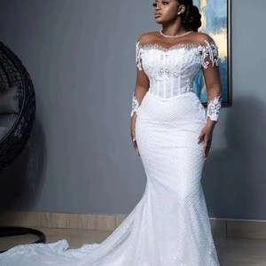 Mermaid Wedding Dress With Long Sleeves Pearls Tulle Lace Bridal Gown Sweep Train Vestido De Novia - Product Image 2
