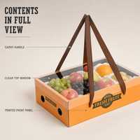 Panier-cadeau en carton ondulé avec poignée de transport et fenêtre transparente, en papier rigide, pour l'emballage de fruits et légumes frais