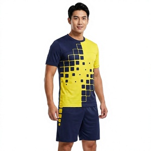 Ensemble de maillot de football pour homme SPARKWELL INDUSTRY, bleu et jaune, manches courtes, respirant, coupe athlétique, col en V, taille élastique - Product Image 1
