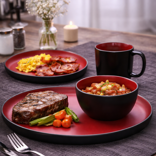 Round Red and Black Porcelain Dinnerware Sets with Bowls Deep Plates Coffee Cups and Saucers-Dishwasher Safe Eco-Friendly