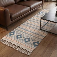 Alfombra de Lino y Algodón de Estilo Étnico para Sala de Estar, con Borlas, Hecha a Mano, Impresa, Lavable a Máquina, Antideslizante, Reversible y Sostenible