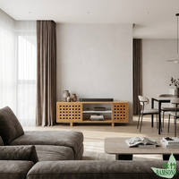 Meuble TV avec portes coulissantes à double lamelles, finition naturelle, pour maison familiale, avec trou pour câbles et étagère réglable, meuble de rangement multimédia