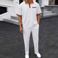 I-0641 Vente chaude Ensemble homme grande taille de haute qualité avec col boutonné, patchwork, manches courtes, pantalon décontracté doux, ensemble deux pièces