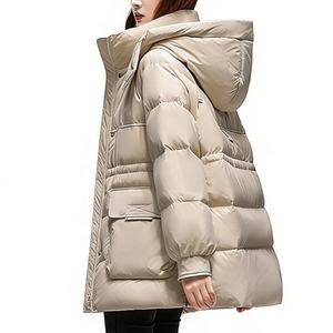 Veste d'hiver matelassée décontractée mi-longue à capuche pour femme Boying, cintrée à la taille, unie, coupe-vent, tendance, chaude, vêtements d'extérieur ODM / OEM - Product Image 3