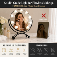 Miroir cosmétique noir 30 cm avec 9 ampoules LED, gradation progressive 3 tons, commande tactile, support éclairé en alliage de zinc pour coiffeuse