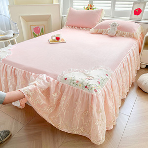 Pháp phong cách Ruffled ánh sáng màu hồng thêu mùa hè ngủ Viện trợ ren 4pcs Quilt bedding Set - Product Image 3