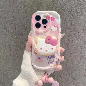 Popular entre las niñas helado Hello Cute gatito de dibujos animados con soporte funda de teléfono de silicona para iPhone 15 14 13 12 11 Pro Max