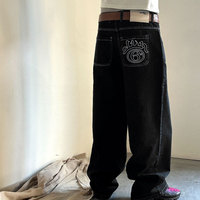 Pantalon en jean ample à jambe large en coton doux avec logo en cuir sur le dos, logo personnalisé en relief, imprimé, pour hommes