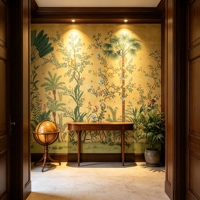 Papier peint tropical palmiers et oiseaux, Murale chinoiserie jaune, Mur d'ambiance de luxe pour Villa, Hôtel, Club, Salle à manger et Chambre