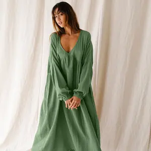 2023 Autumn Deep V Neck Long Sleeve Cotton Night Gown Sleep Dress Comfortable Long Pajamas Women Loungewear