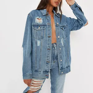 Blouson en Denim bleu Vintage pour femmes, veste classique, surdimensionnée, style Boyfriend, personnalisé, vente en gros,