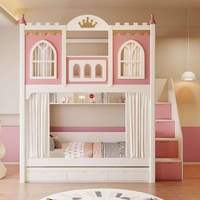 Lit superposé en bois massif pour enfants, style château de princesse moderne, avec escalier de rangement, tiroirs et rideau d'intimité pour chambre de filles