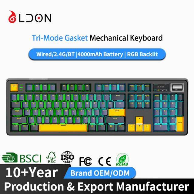 Professional Manufacturer Custom 100% Layout Hot Swappable Tri-Mode Wireless Mechanical Keyboard With Knob for Gaming Brands