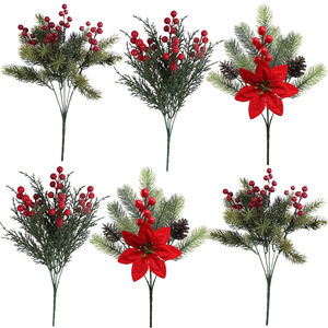 Ramo de Navidad artificial Guanyi con pino, ciprés, bayas rojas y adornos de poinsettia para decoración navideña del hogar. - Product Image 1