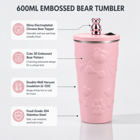 Gobelet de voyage moderne en acier inoxydable 304 de 600 ml avec motif d'ours en relief, isolation sous vide à double paroi, isolation thermique de 6 à 12 heures