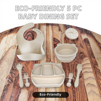 Ensemble repas écologique 5 pièces pour bébé, personnalisable et en gros : bavoir en silicone souple avec bol à ventouse, assiet