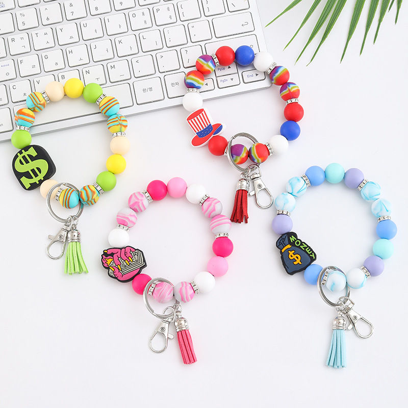 JY High Quality Color Tassel Key Chain Leopard Printed Silicone Bead Wristband Bracelet Key Ring Image 2