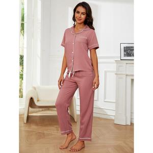 New Arrivals Respirável 2pcs Blusa de Colarinho das Mulheres Pijama Set Cintura Elástica Pijama de Algodão Sólido para Mulheres Set - Product Image 6
