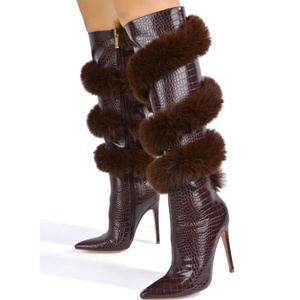 Cross Wrap Fur Women High Heels Boots Animal Prints Large Size 45 Wide Fit Shoes Pointy Toe Zipper Long <b>Booties</b> - Product Image 1