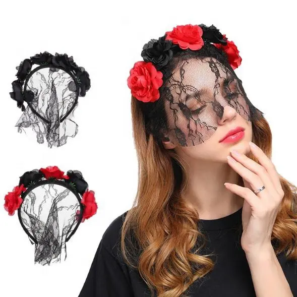 Maschere per feste di Halloween Sexy in pizzo nero velo da sposa fiori rosa fasce per capelli accessori per capelli per il giorno di natale