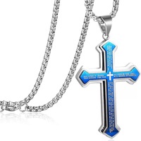 Collier croix en acier inoxydable pour homme, gravé d'un verset biblique, pendentif croix double couche, bijoux religieux chrétiens, cadeau