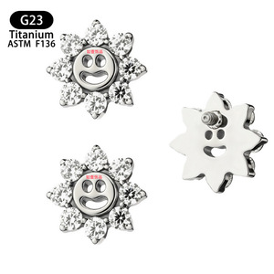 <b>Titanium</b> Smiley Face Sunflower Earrings With Zircon Inlays 6.6mm F136 Body Jewelry Lip <b>Studs</b> - Product Image 5