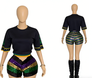 Shorts à paillettes pour le Mardi Gras, prêts à être expédiés, pour adultes, rayés, violet, or, <span class=keywords><strong>vert</strong></span>, fête, brillants, scintillants - Product Image 3