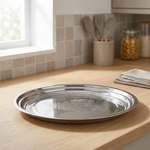 Plateau de service ovale en acier inoxydable de qualité supérieure avec motif de feuille de vigne en relief, finition argentée polie, plateau de service décoratif pour aliments - Product Image 6