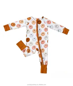 Baby Custom Checker Jumpsuit smile face Zipper Romper Clothes Custom Bamboo Unisex Baby One Piece Pajamas romper