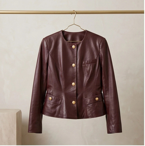Premium <strong>Burgundy</strong> <strong>Leather</strong> <strong>Jacket</strong> Women Elegant Single Breasted Outerwear for Daily Commute &amp; Weekend - Product Image 2