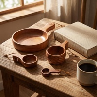 Bol à salade en bois poli, délicat et pratique, durable, avec longue poignée et petite assiette, idéal pour la famille et l'hôtellerie