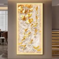Décoration d'entrée : Lumières LED Poisson Koi, Feuille de Ginkgo de Luxe, Nature Morte en Verre, Peinture en Porcelaine Cristalline, Art Mural Poisson en Verre