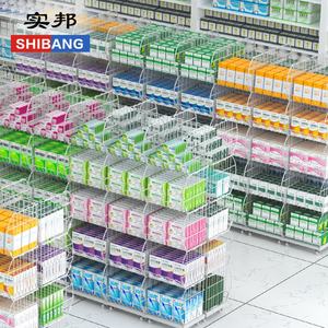 Shanghai sıcak satış 4 katlı kat Metal tel ızgara sergileme rafı lüks diyagonal sepet tel örgü raf rulo ile - Product Image 4