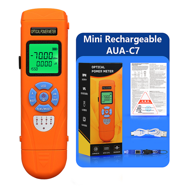 High Precision Rechargeable OPM with RJ45+LED AUA-C7/C5 Optical Fiber Tester 10 Wavelengths SC/FC/ST Mini Optical Power Meter