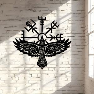 Décoration murale en fonte d'art déco nordique personnalisée avec corbeau viking et Vegvisir, panneau métallique pour la maison, 1 pièce, taille personnalisée disponible - Product Image 1
