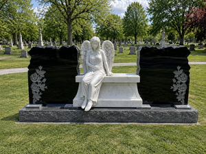 Monument funéraire moderne en granit chinois blanc Union STONE avec ailes et double cœur, pierre tombale en forme de cœur, ange, pour cimetière - Product Image 6