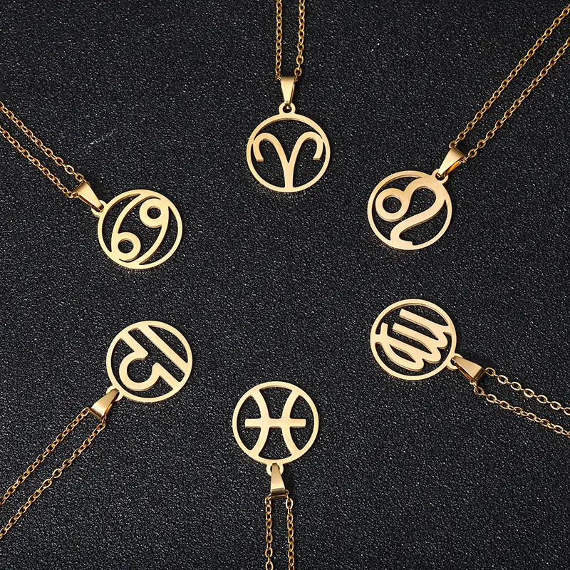 Wholesale Stainless Steel 12 Constellations Symbol Astrology Horoscope Star Jewelry Gold Plated Zodiac Sign Pendant Necklace