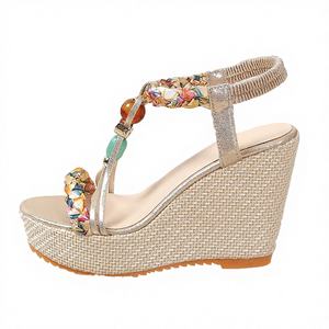 2025 <b>Cheap</b> New Wholesale Bohemia Colorful Woven Elastic Band Cross Strap Closed Toe Platform Wedge <b>High</b> <b>Heel</b> Breathable - Product Image 1