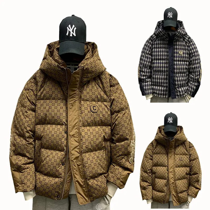 다운 재킷 남자의 가을과 겨울 2023 사용자 정의 새로운 격자 무늬 모자 느슨한 코튼 패딩 정장 남성 퍼 재킷