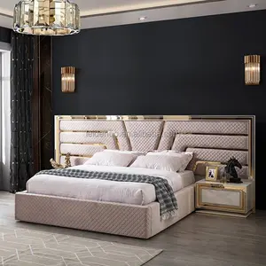 luxury bedroom set cream / gold - 1 Double Bed with Headboard & 2 Bedside Tables - Modern Bedroom & Hotel Furniture - Luxury Qua