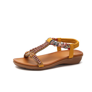 Elegantes Sandalias de Tacón con Tira en T y Decoración de Cuentas, Cuero Genuino, Punta Abierta, Tacón Bajo de Cuña, Zapatos de Verano para Mujer, Envío Directo - Product Image 1