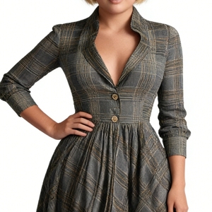 Vestido Maxi a Cuadros de Manga Larga para Mujer - Elegante Vestido Camisero Formal con Cuello en V Profundo y Vestidos Fluidos a la Moda - Product Image 6