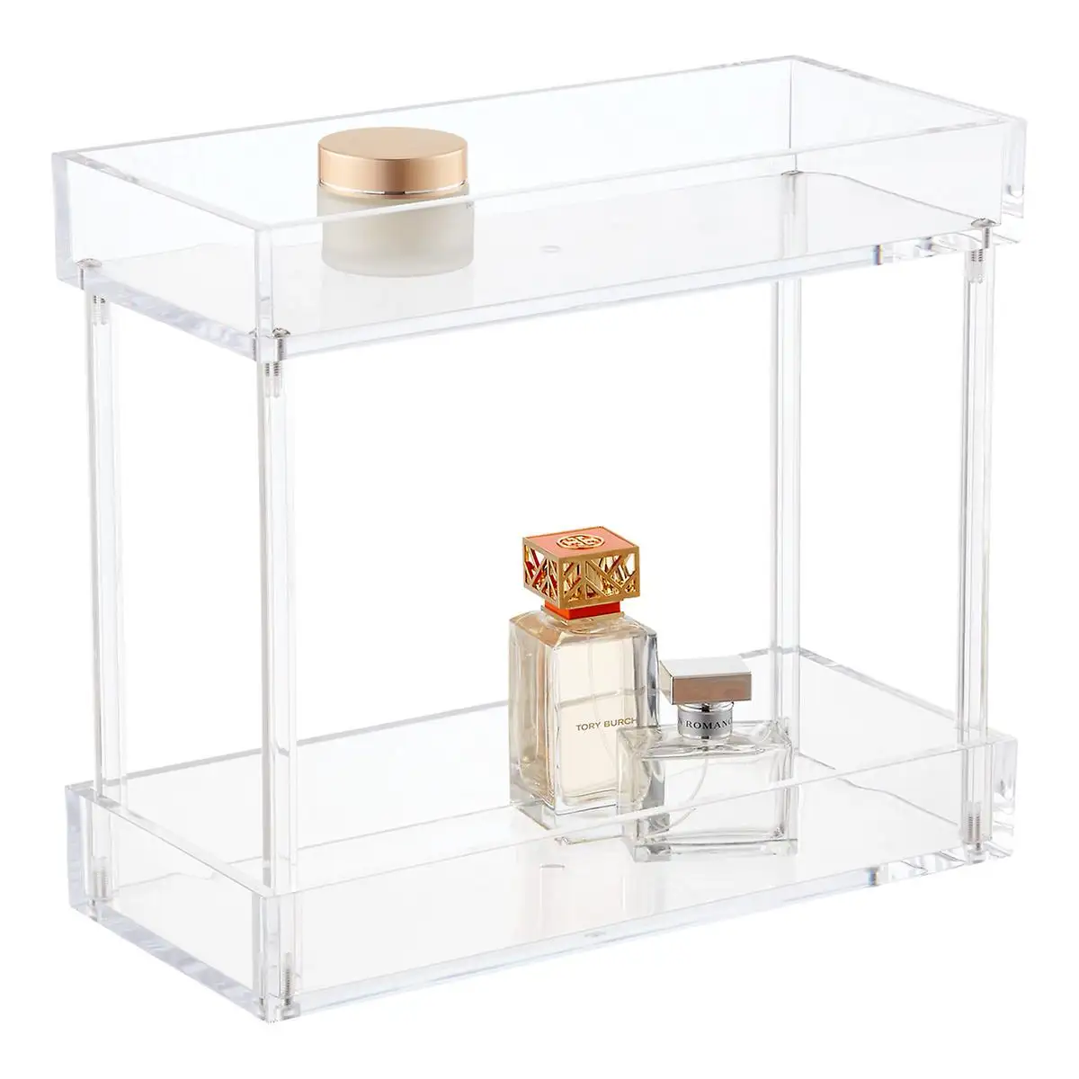 Soporte de exhibición de perfume acrílico, transparente, desmontado, 2 niveles
