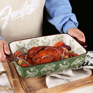 Macarons fleur verte <span class=keywords><strong>grand</strong></span> <span class=keywords><strong>plat</strong></span> de cuisson en céramique avec poignées vente en gros <span class=keywords><strong>plat</strong></span> de cuisson et casserole pour la maison - Product Image 2