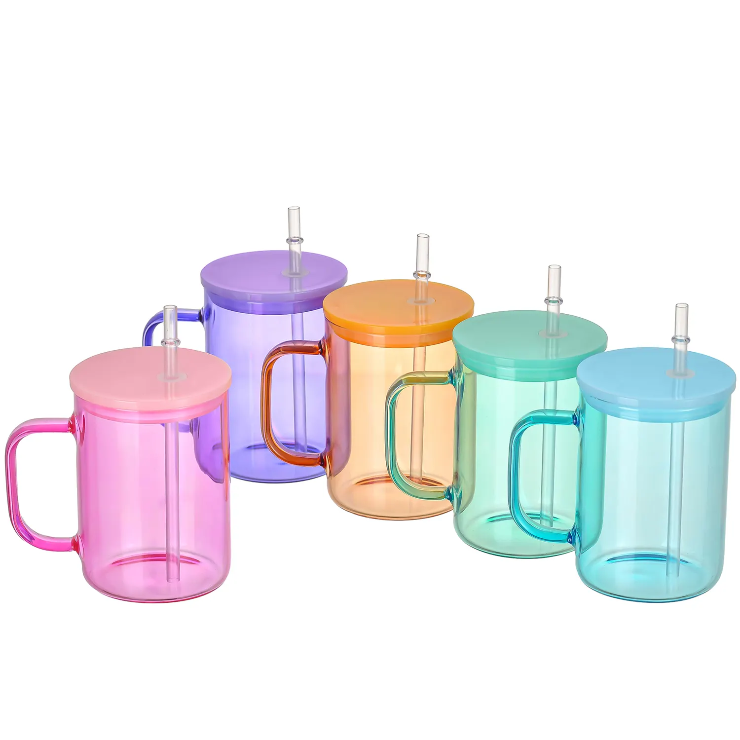 Los fabricantes proporcionan tazas de vidrio de gelatina coloridas sin Bpa de 15oz transparentes con asa y tapa